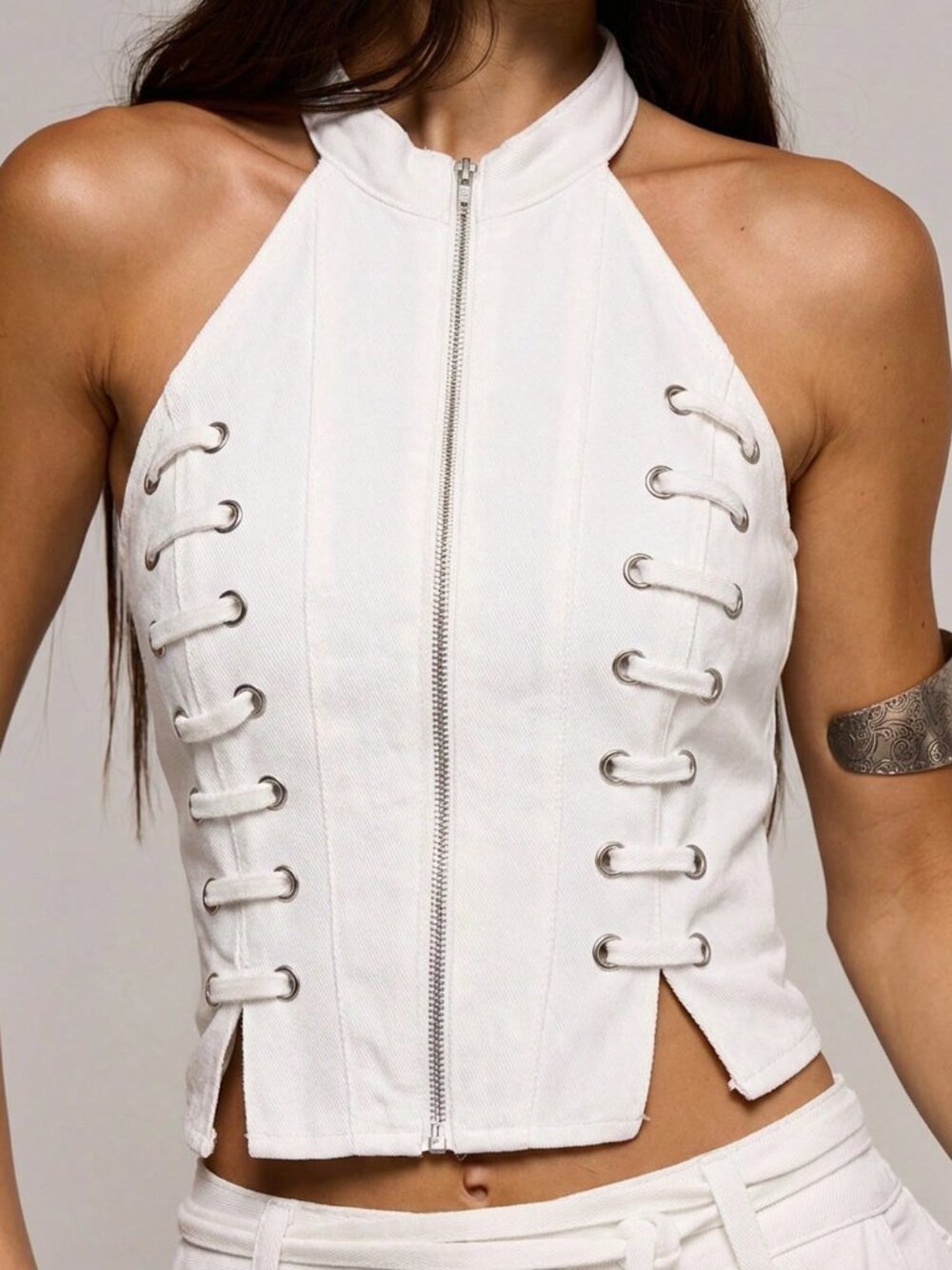 White Casual Women's High Neck Eyelet Lace-Up Fitted Longline Denim Top - Picture 6 of 6